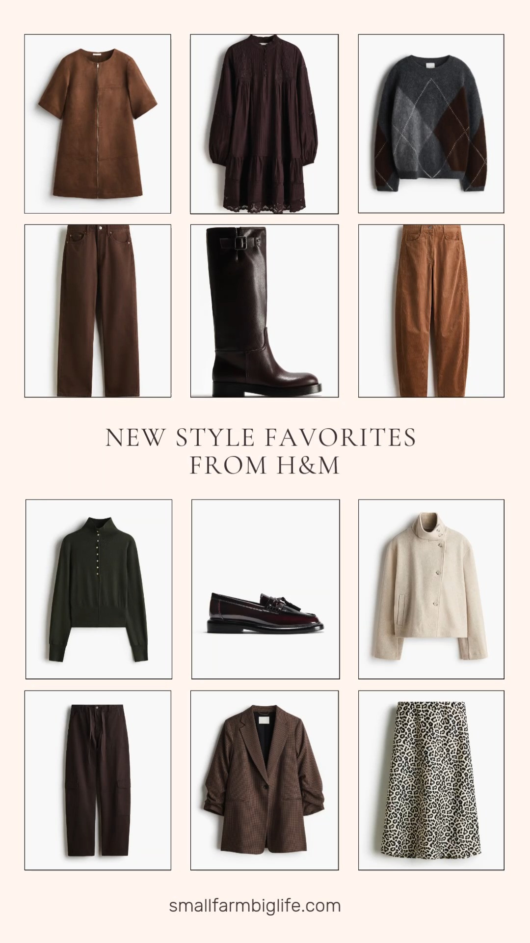 H&M is leaning hard into rich, moody fall tones this season, and this new arrivals lineup is full of easy layering pieces. Dark brown and caramel show up again and again, from a lace trimmed tunic dress to barrel leg corduroy pants, giving you a warm neutral base to build almost any outfit around.

For dresses and skirts, the brown A-line dress with a zipper detail is a great transitional piece, while the cream and leopard print midi skirt adds a little print without going too bold. Pair either with the fine knit mock turtleneck sweater in dark olive for instant fall styling.

Knitwear is strong this round too. The dark gray melange argyle intarsia sweater brings a preppy touch, and the felted funnel collar jacket in light beige is perfect for layering over everything once temperatures drop. On the bottom half, the dark brown cargo pants and the straight high waist ankle jeans in brown both work as everyday staples.

Finish the look with the burgundy tasseled loafers for a polished touch, or the dark brown knee high boots for something a little more fall ready. The houndstooth gathered sleeve jacket in dark taupe is the standout outerwear piece of the bunch if you only add one thing to cart.

#hm #fallfashion #falloutfits #newarrivals #falllayers 

 #LTKootd #LTKOver40 #LTKWorkwear