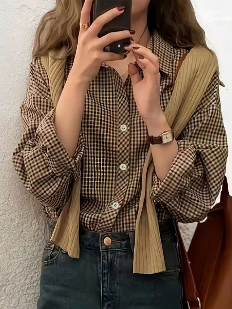 Women's Casual Plaid Long Sleeve Shirt, Button Front Dropped Shoulder Blouse Top, Regular Fit Woven Fabric Spring | SHEIN