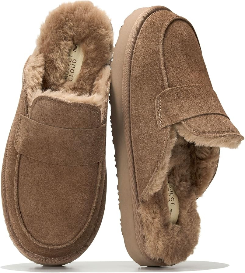 Project Cloud 100% Genuine Leather Brunch Slippers for Women - Fuzzy Clogs | Amazon (US)