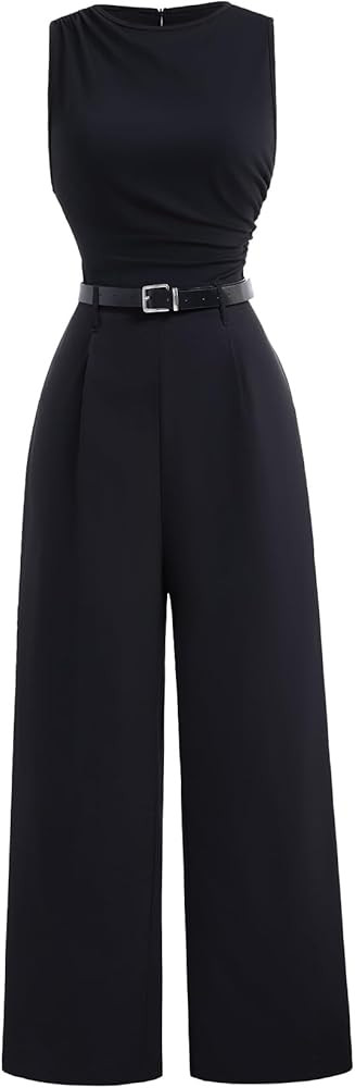 Women's Summer Ruched Sleeveless Jumpsuit Elegant Wide Leg Work Office Rompers with Belt | Amazon (US)