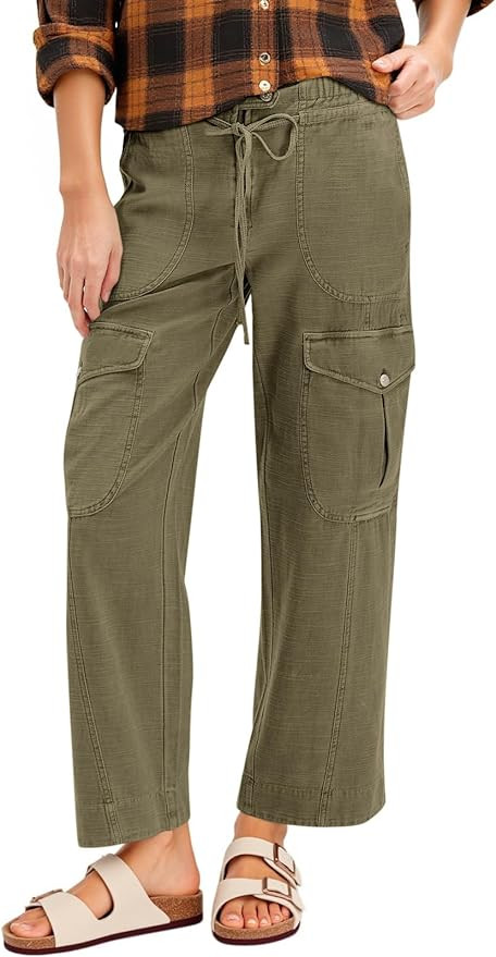 Cicy Bell Womens Cotton Cargo Pants Low Rise Drawstring Waist Wide Leg Casual Hiking Pants with M... | Amazon (US)