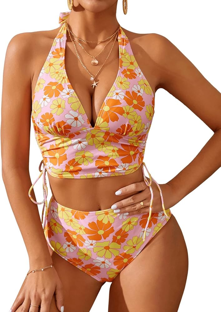 SweatyRocks Women's Floral Print 2 Piece Swimsuit Tie Side Halter High Waisted Bikini Bathing Sui... | Amazon (US)