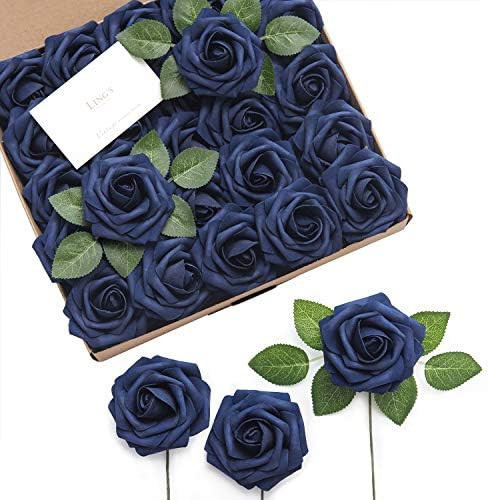 Ling's Moment Rose Artificial Flowers 50pcs Realistic Navy Blue Roses w/Stem for DIY Wedding Bouquet | Amazon (US)