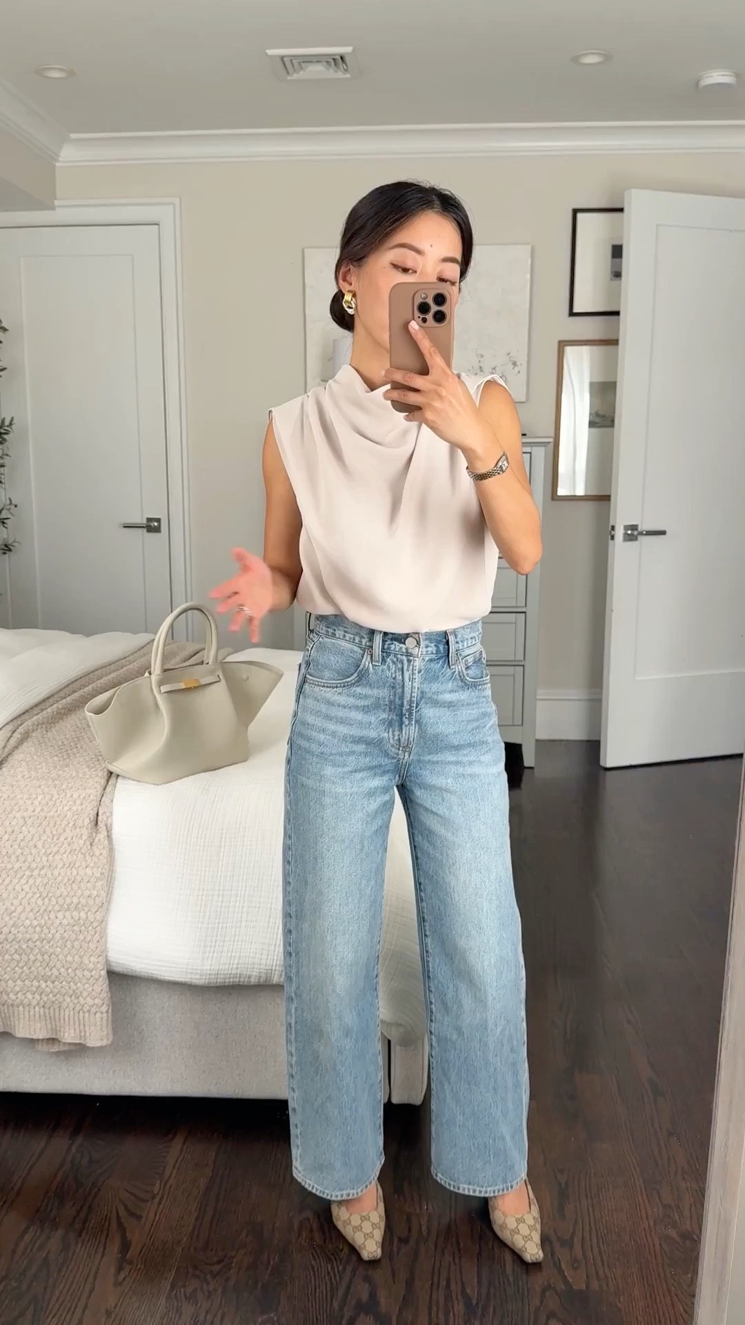 Elevated denim outfit. And an in-stock alternative to the popular nominee blouse 
• aritzia carter blouse xxs, blousy fit runs big so size down if between sizes, but it’s a nice fluid drape so it’s easy to tuck any extra material in. 
• Farrah jeans size 24 Ankle fits me as a full length jean. Love these! You can also buy full length in Short if you’re petite which fit me exactly the same 

Work wear, spring smart casual work outfit with jeans, business casual blouse 

#LTKPetite #LTKootd #LTKWorkwear