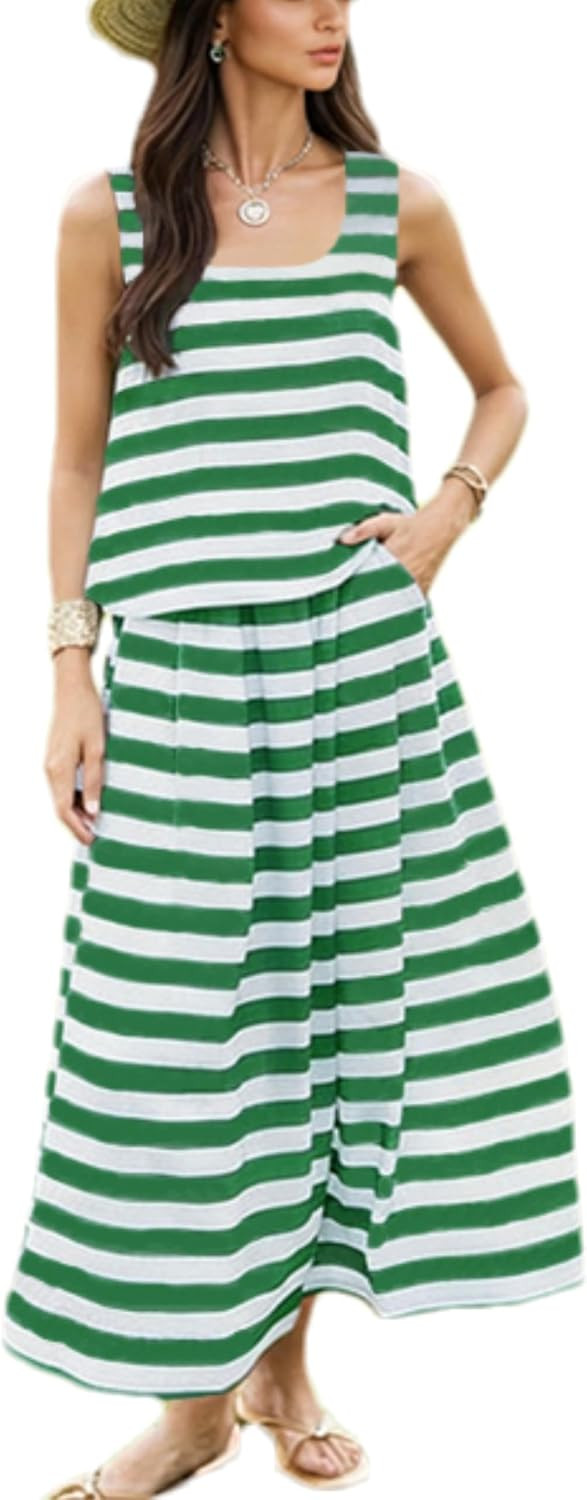 Womens Summer Striped 2 Piece Skirt Set Tank Top Maxi Dress Sets | Amazon (US)