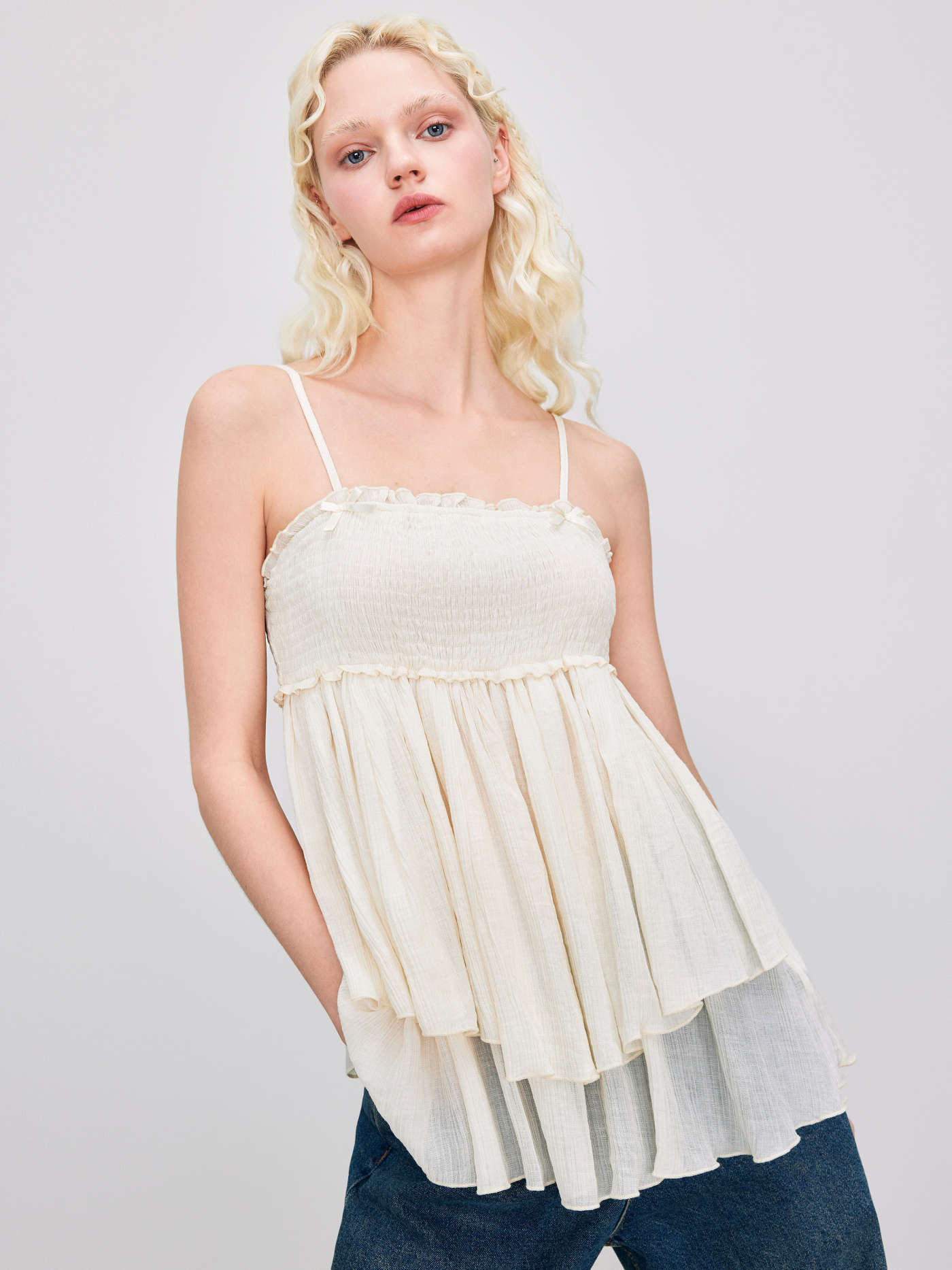 Square Neck Solid Bowknot Ruffle Hem Cami Top | Cider