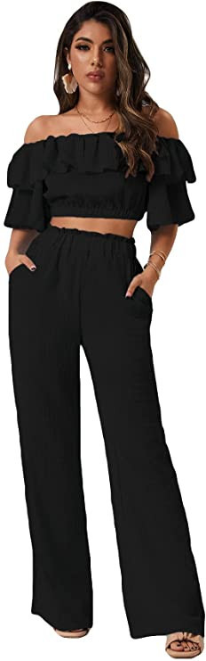 Romwe Women's 2 Piece Outfit Off The Shoulder Crop Top Wide Leg Pants Set | Amazon (US)