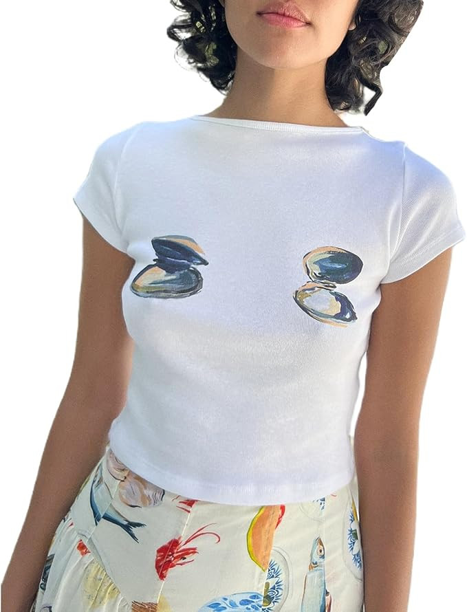 Women's Short Sleeve Y2K Baby Tees E-Girls Cute Graphic Print Crop Tops Slim Fit T Shirts Retro V... | Amazon (US)