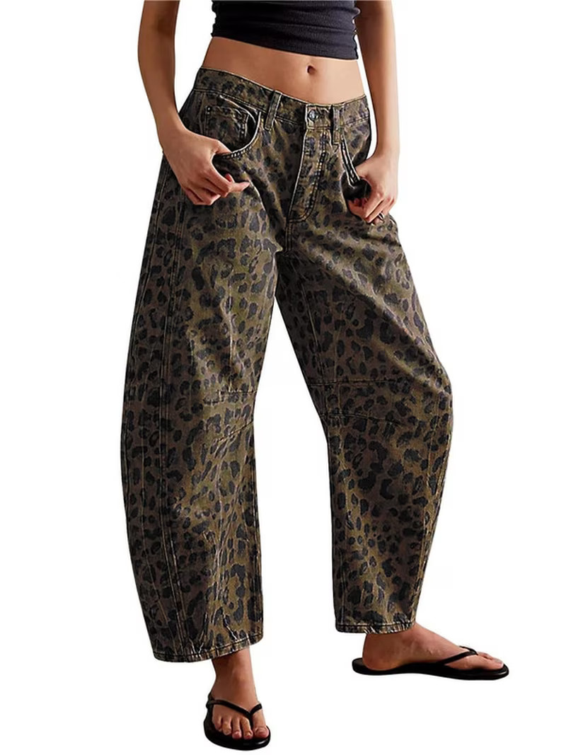sicmoss Women's Leopard Y2K Vintage Mid Rise Stretchy Barrel Jeans Loose Wide Leg Cropped with Po... | Walmart (US)