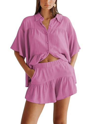 Qiaomai Womens 2 Piece Outfits Summer Ruffled Shirt and High Waist Shorts Matching Set | Amazon (US)