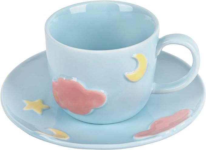 Koythin Ceramic Coffee Mug with Saucer Set, Cute Creative Embossed Moon and Star Cup Unique Desig... | Amazon (US)