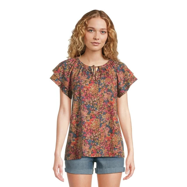 Time and Tru Women's Cotton Flutter Sleeve Tee, Sizes XS-XXXL - Walmart.com | Walmart (US)