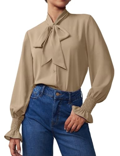 Neweek Chiffon Blouses for Women Bow Tie Neck Long Sleeve Dressy Casual Smocked Cuffed Shirts Off... | Amazon (US)