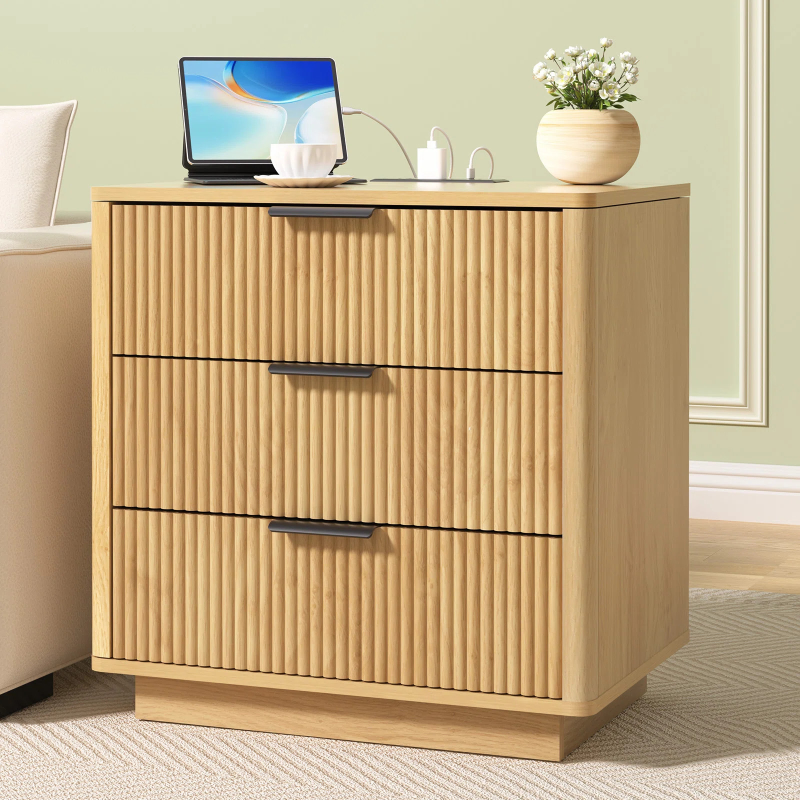 23.2'' W 3-Drawer Fluted Nightstand with Charging Station | Wayfair North America