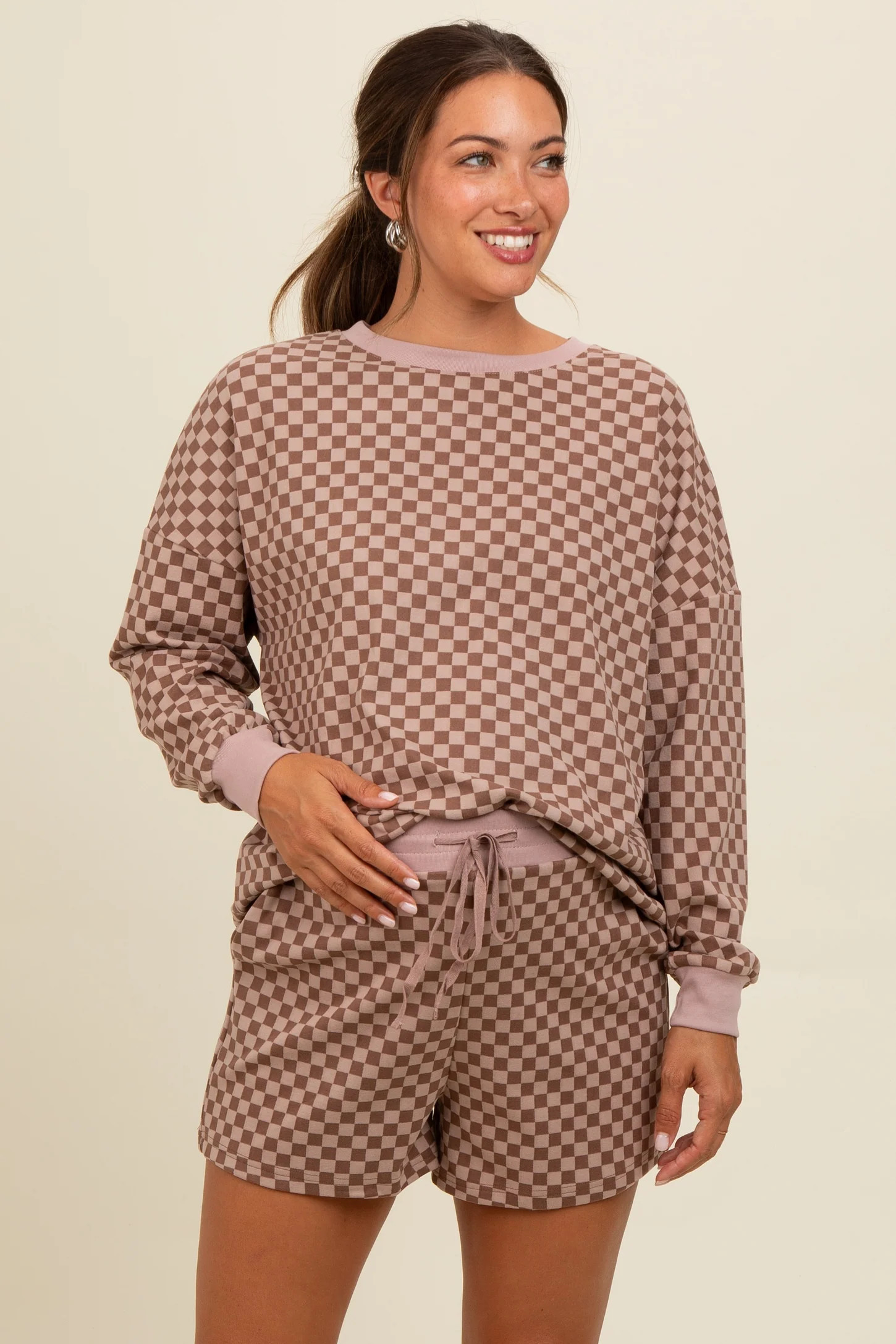 Mauve Checkered Plaid Pullover Shorts Maternity Set | PinkBlush Maternity