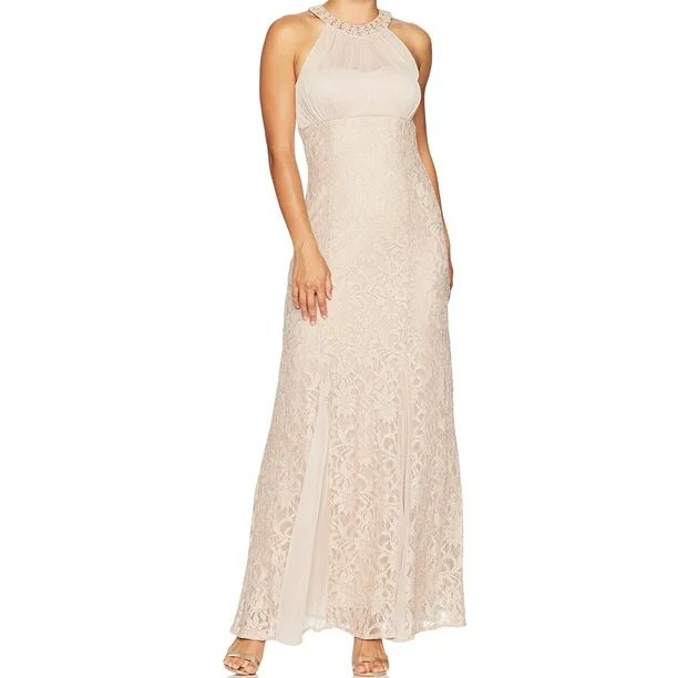Nightway Women's Petite Illusion Lace Halter Gown (14P, Champagne) | Walmart (US)