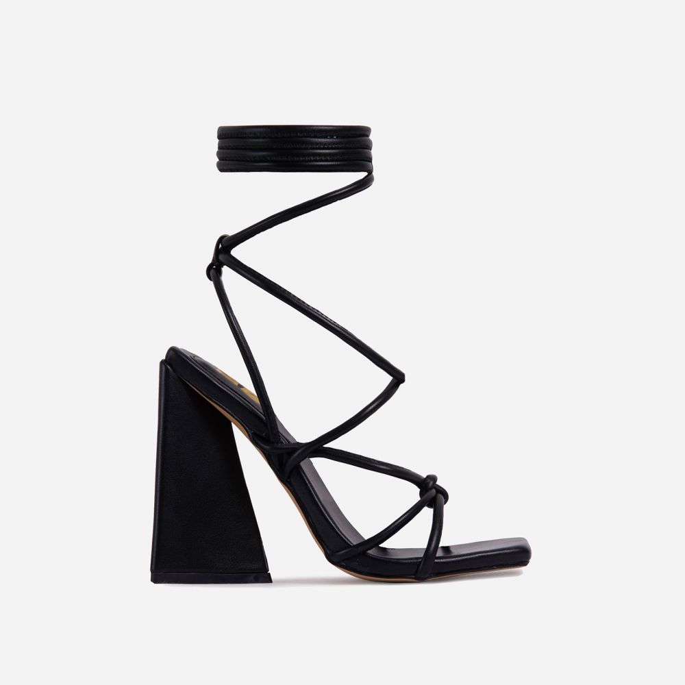 Date-Night Knotted Detail Lace Up Square Toe Sculptured Flared Block Heel In Black Faux Leather | EGO Shoes (US & Canada)