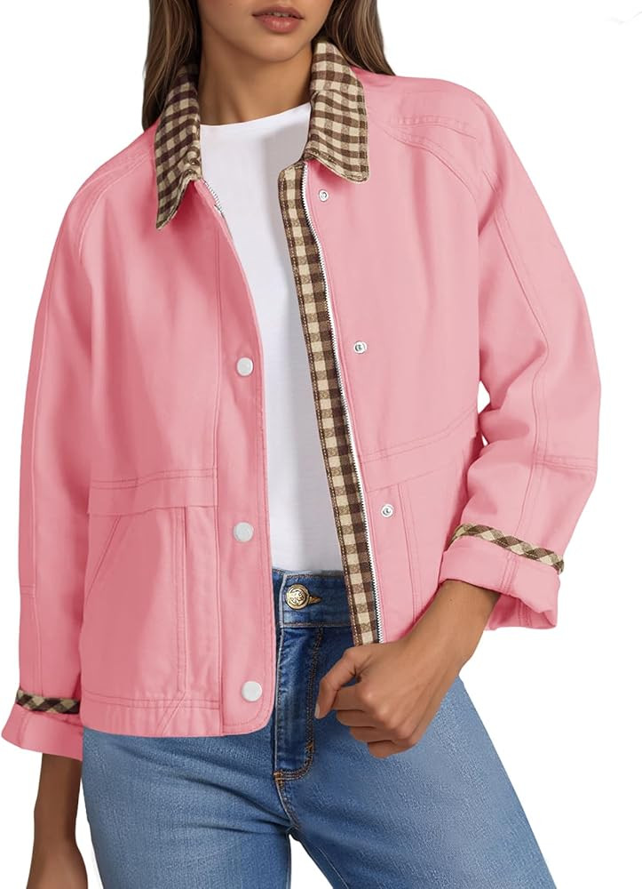 Tankaneo Womens Cropped Jacket Lightweight Casual Zip Up Barn Jackets Fall Contrast Plaid Outerwe... | Amazon (US)