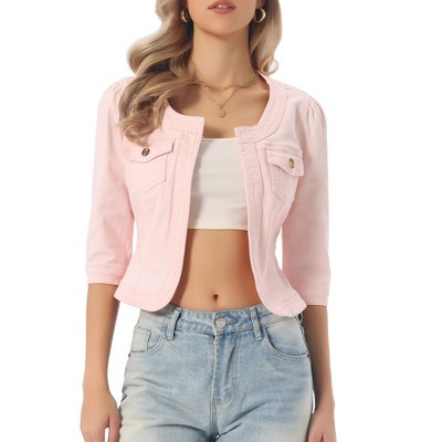 INSPIRE CHIC Women's Collarless Pockets 3/4 Sleeve Crop Denim Jackets Small Washed Pink | Target