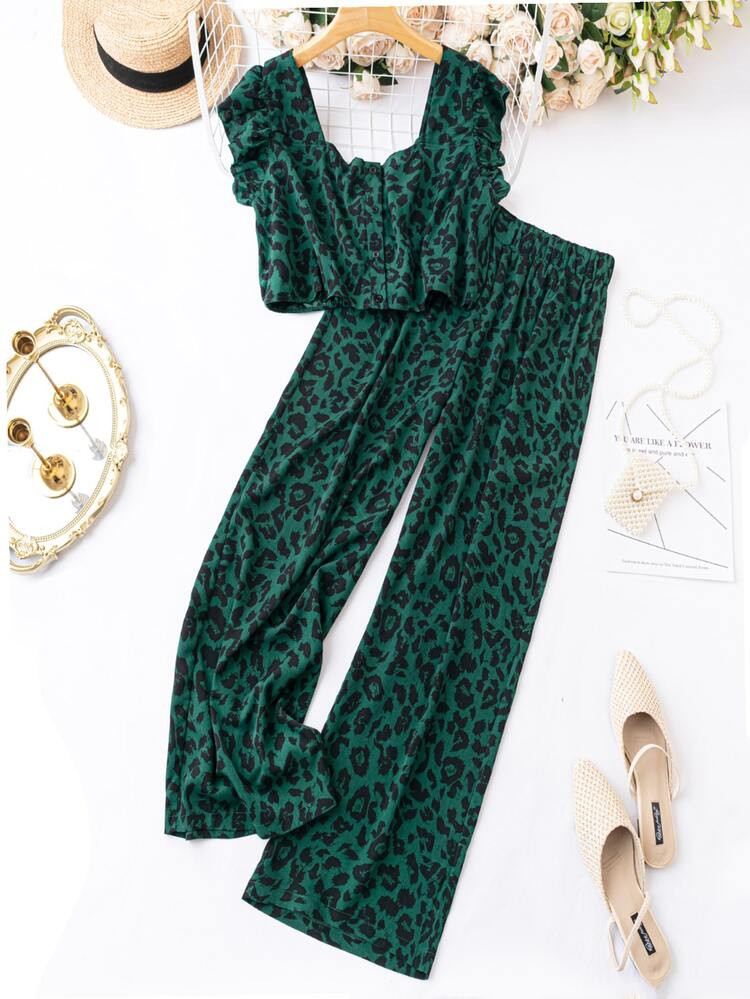 Plus Leopard Print Butterfly Sleeve Blouse & Pants | SHEIN