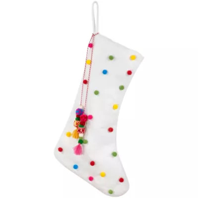 Northlight 20" White Christmas Stocking with Multicolor Pom-Poms and Tassels | Belk