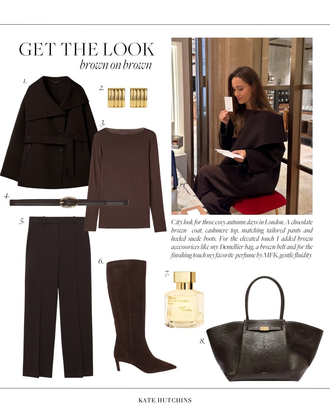City look for those cosy autumn days in London. A chocolate brown  coat, cashmere top, matching tailored pants and  heeled suede boots. For the elevated touch I added  brown accessorices like my Demellier bag, a brown belt and for the finsihing touch my favorite  perfume by MFK, gentle fluidity🤍

#LTKwinter #LTKautumn #LTKfestive