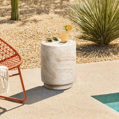 Faux Travertine MgO Patio Side Table, Sculptural Outdoor Accent Table | Wayfair North America