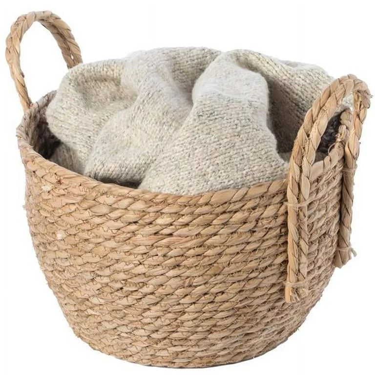 Decorative Round Wicker Woven Rope Storage Blanket Basket with Braided Handles - Small | Walmart (US)