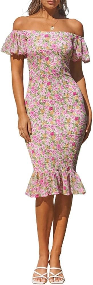 BerryGo Women's Smocked Bodycon Off Shoulder Puff Short Sleeve Mermaid Dress Ruffle Shirred Party... | Amazon (US)