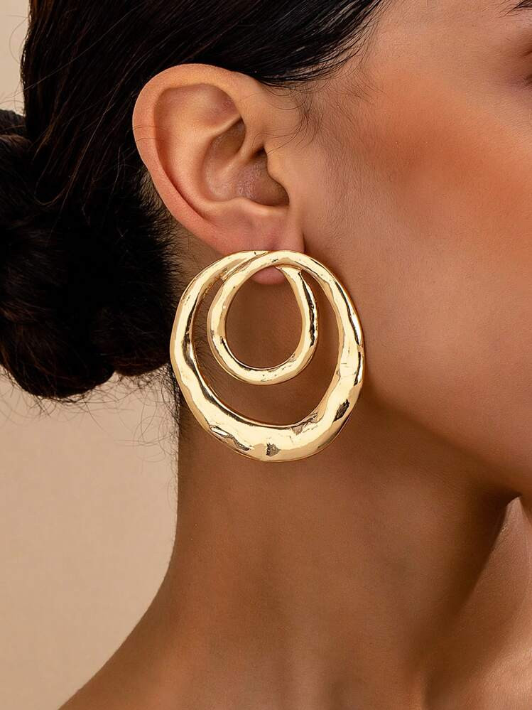 1 Pair Fashionable & Versatile Gold Double-Ring Stud Earrings, Suitable For Women Party, Gatherin... | SHEIN