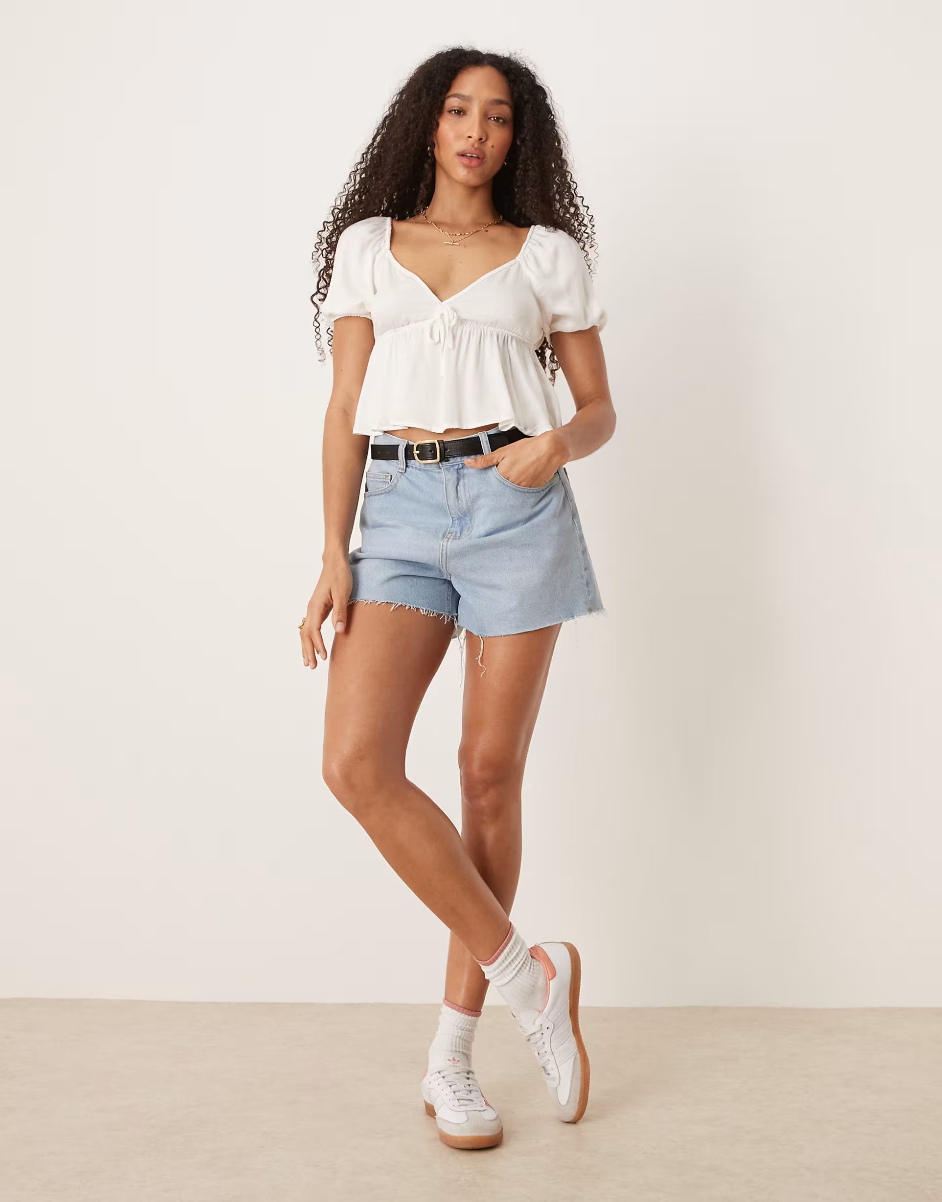 Pimkie tie front puff sleeve peplum blouse in white | ASOS (Global)