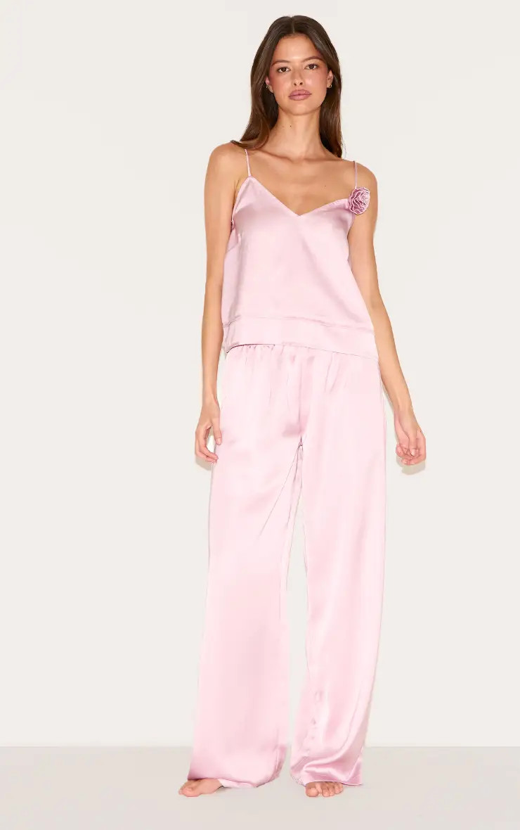 Dusty Pink Satin Flower Trim Cami Long Pj Set | PrettyLittleThing USA | PrettyLittleThing US