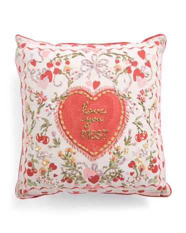 20x20 Love You Most Hearts Bow Cherry Embroidered French Knot Pillow | Polyester/Cotton | Marshalls