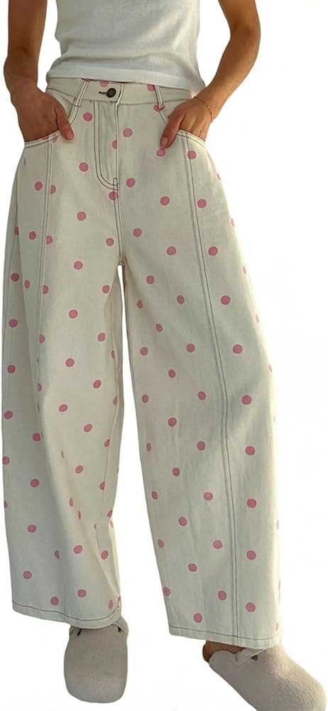CHARTOU Y2k Polka Dot Barrel Jeans Women Seam Front Baggy Jeans Casual High Waist Wide Leg Denim ... | Amazon (US)