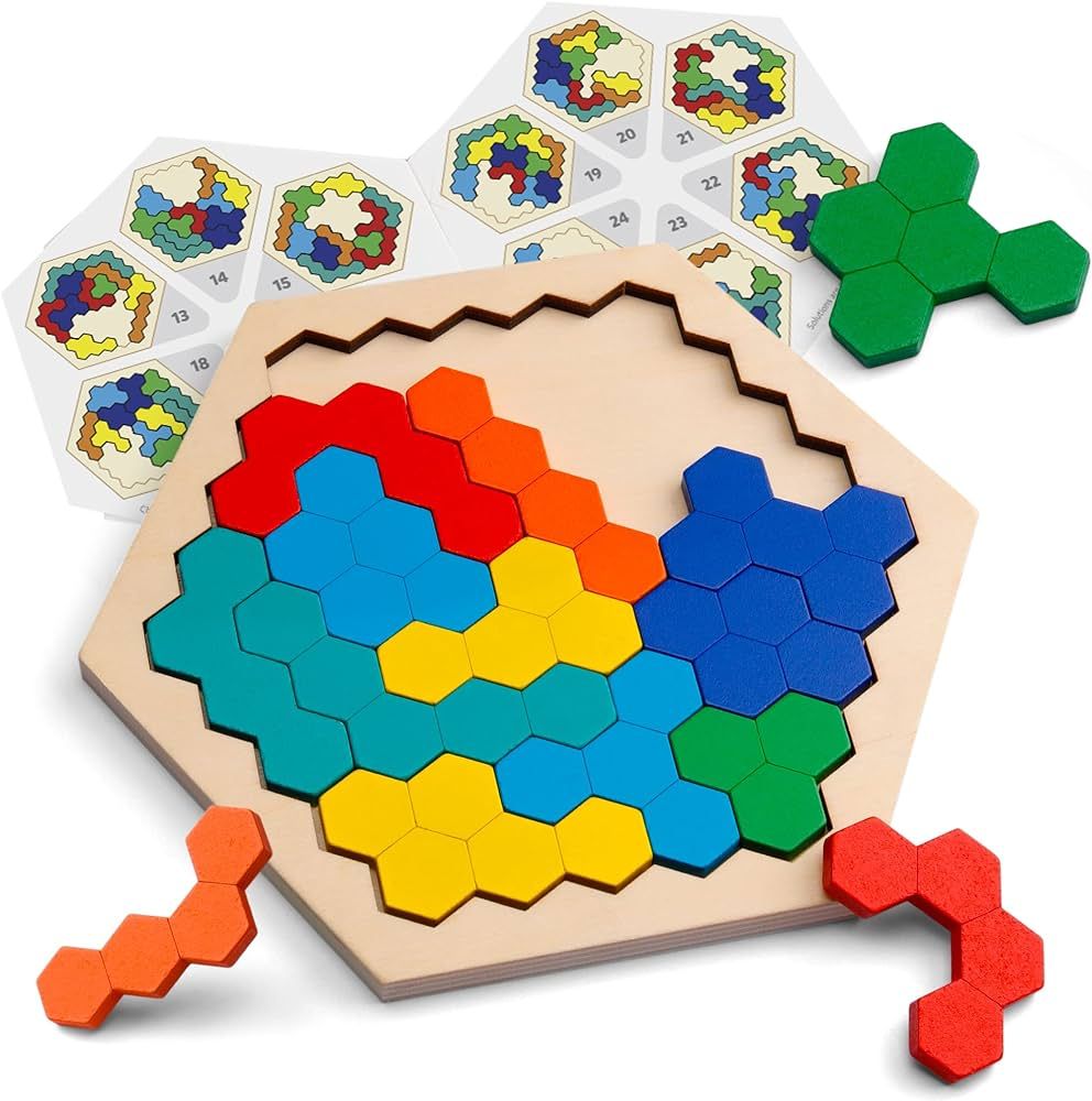 Coogam Wooden Hexagon Puzzle for Kid Adults - Shape Pattern Block Tangram Brain Teaser Toy Geomet... | Amazon (US)