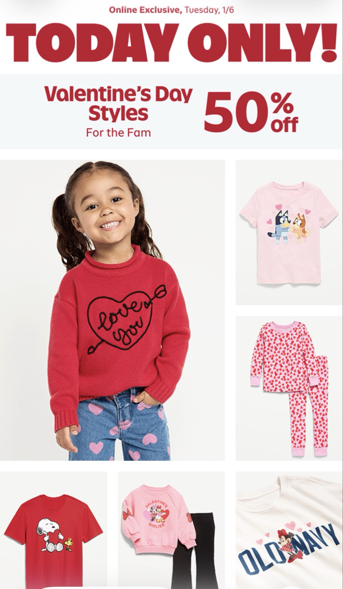 Valentine’s Day just got even sweeter 💕
50% OFF ALL Valentine’s Day clothes & pajamas at Old Navy — TODAY ONLY.
Cute, comfy, and perfect for February outfits and cozy nights.
Everything I’m loving is linked on LTK!

#oldnavyvalentines #valentinesstyle #pajamadeals #holidaylooks #LTKfashion #LTKfamily #LTKfinds #LTKsale #shoppingfavorites #onlineshopping #ShoppingWithPriiincesss #Atlantamom #AtlantaCreator #Atlantacontentcreators


#LTKKids #LTKBaby #LTKSaleAlert