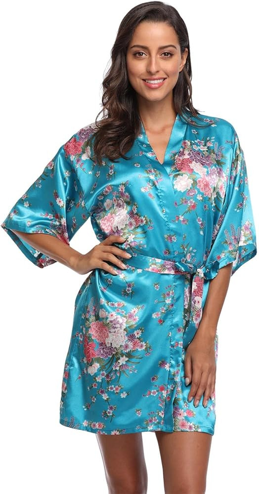 Women Floral Satin Kimono Robes Short Bridesmaid Robe for Getting Ready Wedding Dressing Gown | Amazon (US)