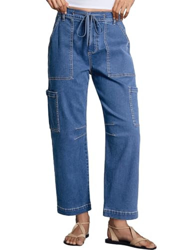 Dokotoo Baggy Jeans for Woman Casual High Waisted Elastic Stretch Cargo Jeans for Women Loose Drawstring Soft Cotton Breathable Straight Wide Leg Zipper Up Denim Pants with Pockets Sky Blue Size 10 | Amazon (US)