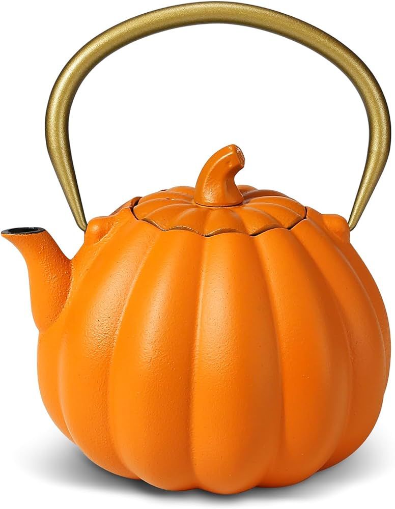 Orange Pumpkin Cast Iron Teapot(40oz/1200ml), Pumpkin color, Creative Pumpkin Tea Kettle with Ena... | Amazon (US)