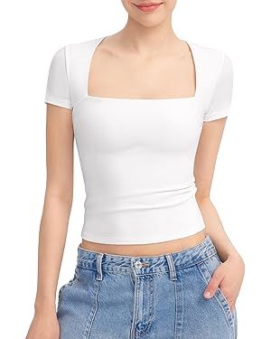 PUMIEY Women's Square Neck Going Out Tops Sexy Slim Fit Short Sleeve T Shirts Smoke Cloud Pro Col... | Amazon (US)