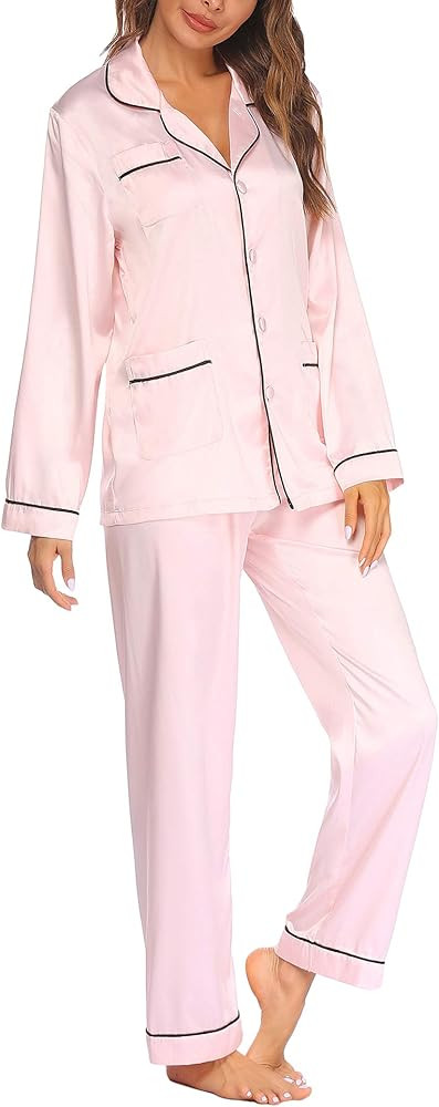 Satin Pajama Set for Women Long Sleeve Sleepwear Silk Button Down Nightwear Loungewear Soft Pjs S... | Amazon (US)