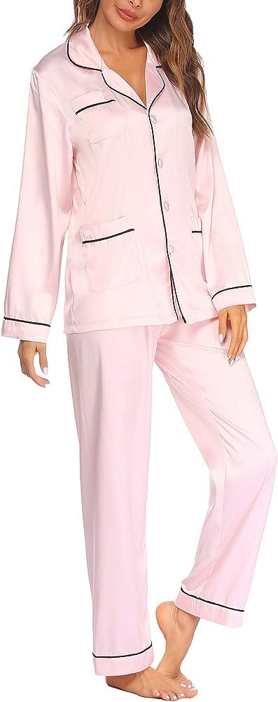 Satin Pajama Set for Women Long Sleeve Sleepwear Silk Button Down Nightwear Loungewear Soft Pjs S... | Amazon (US)