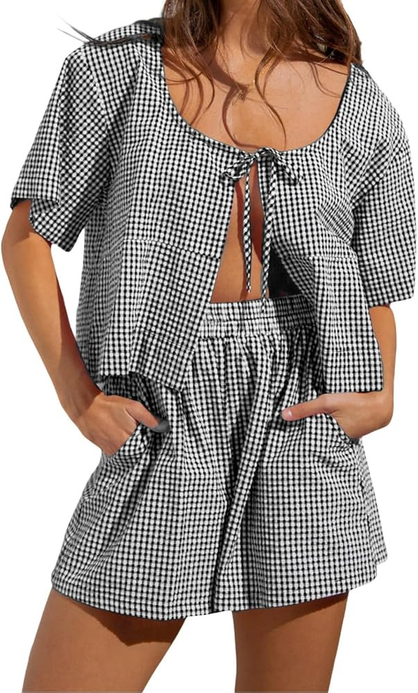 KMBANGI Women Tie Front Shorts Set Peplum Short Sleeve Shirt Gingham Plaid Shorts Y2K Cute 2 Piec... | Amazon (US)