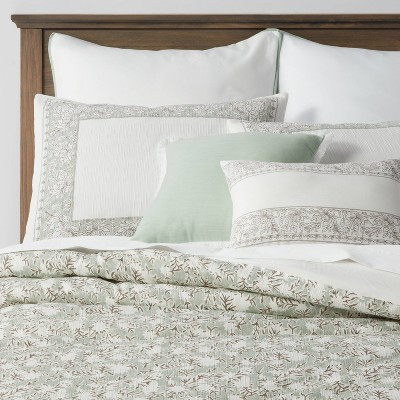 8pc King Printed Floral with Border 8pc Comforter Set Green - Threshold™: Cotton Blend, Percale... | Target