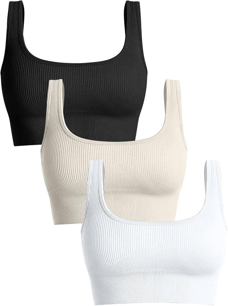 OQQ Women's 3 Piece Medium Support Tank Top Ribbed Seamless Removable Cups Workout Exercise Sport... | Amazon (US)