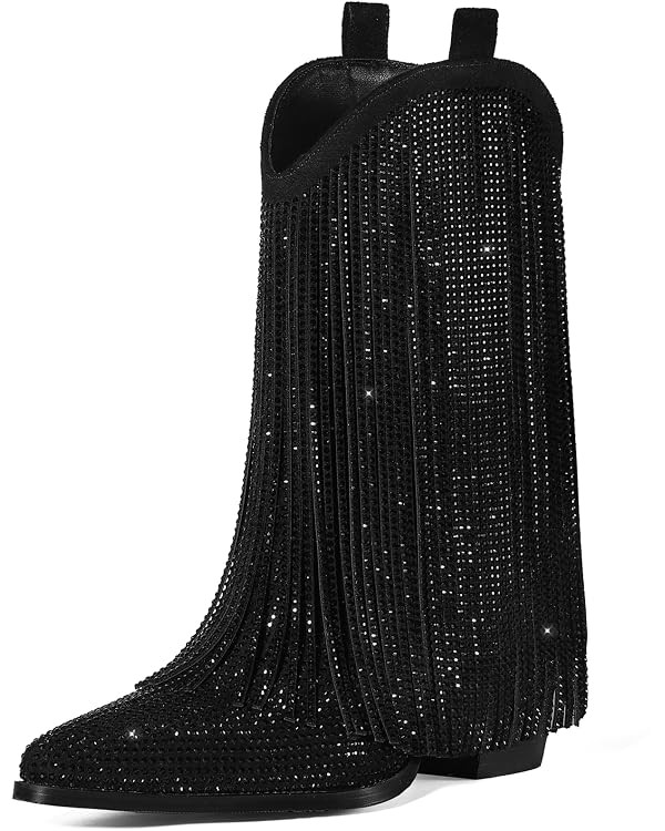 Cowboy Boots for Women - Cowgirl Western Rhinestone Sparkly Fringe Chunky Heel Pointed Toe Ankle ... | Amazon (US)