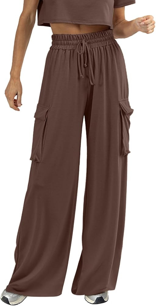 Wide Leg Cargo Pants Palazzo Trouser, Elastic High Waisted, Loose Fit Lounge Pant | Amazon (US)