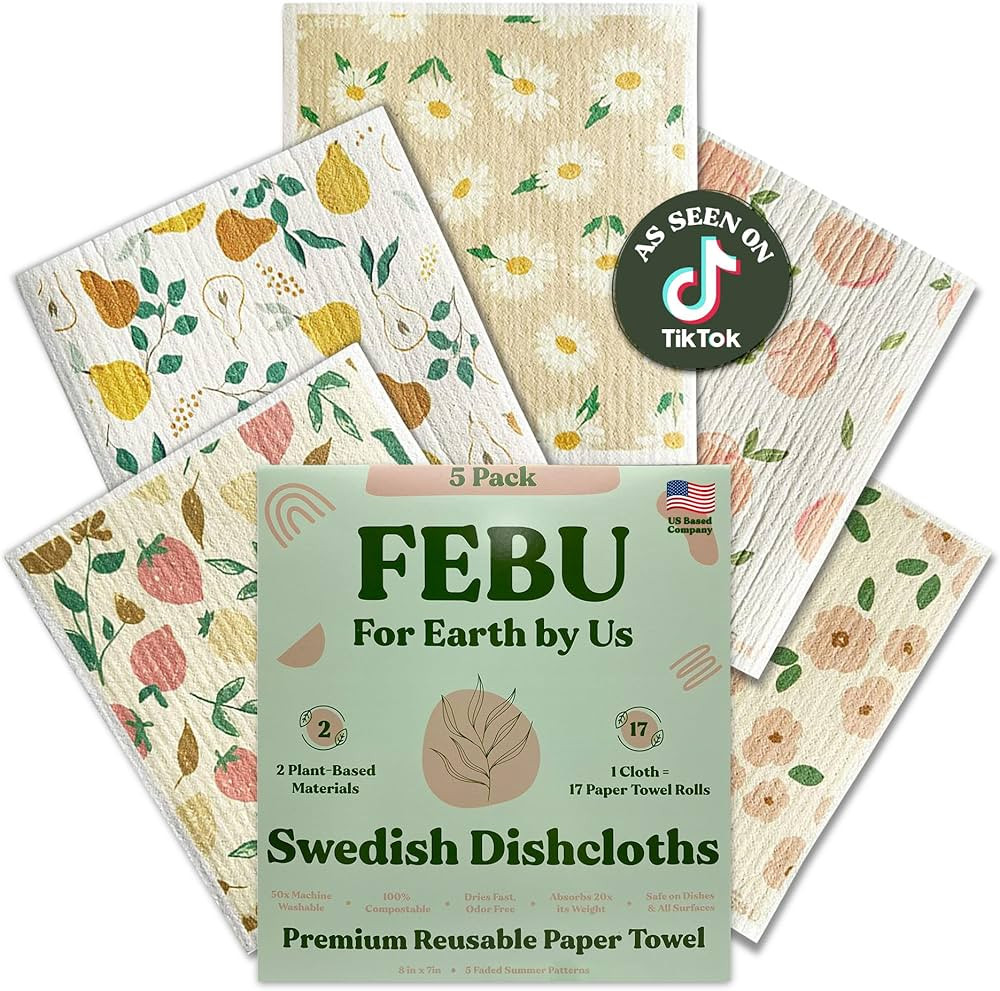 FEBU Swedish Dishcloths 5 Pack Reusable Paper Towels Swedish Dish Towels Cellulose Sponge Cloths | Amazon (US)