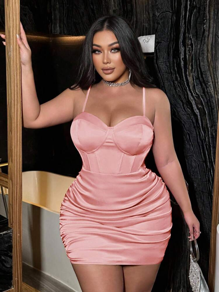NU&NOW Plus Size Women Solid Color Pleated Backless Bodycon Camisole Dress, Suitable For Music Festival, Party, Gala | SHEIN