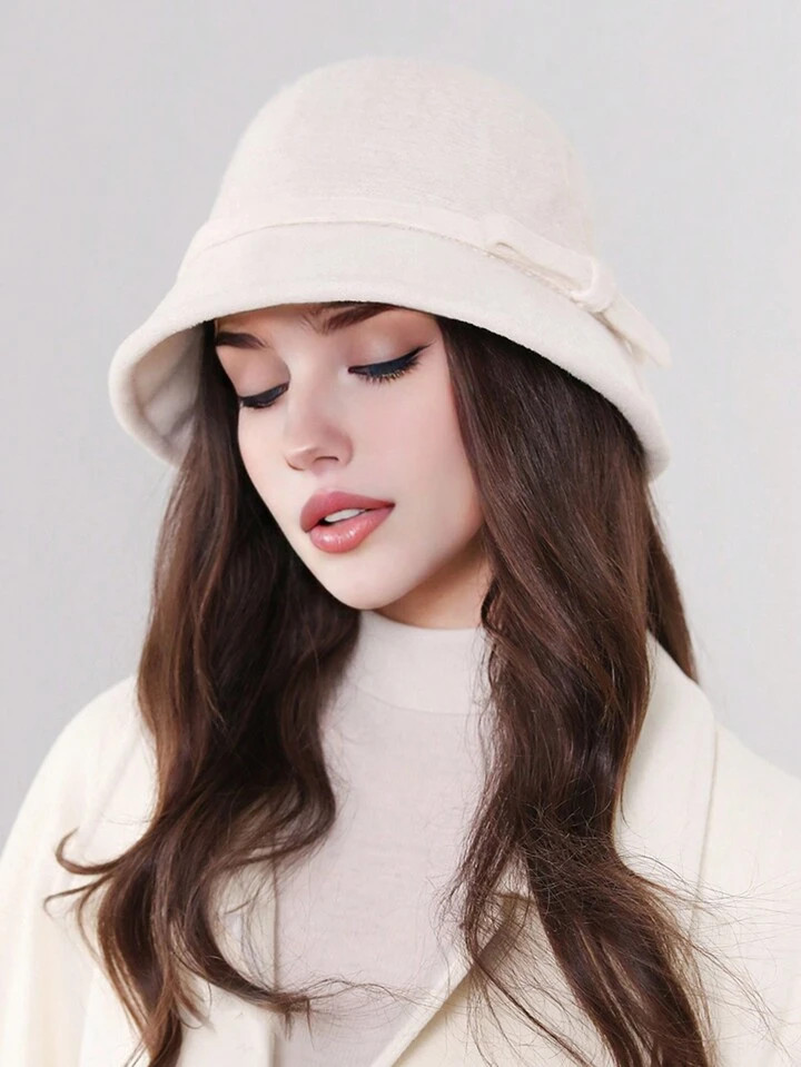 Trends1pc Women's Thick Bucket Hat With Bow Decor, Elegant Fuzzy Bucket Hat, Suitable For Autumn/... | SHEIN